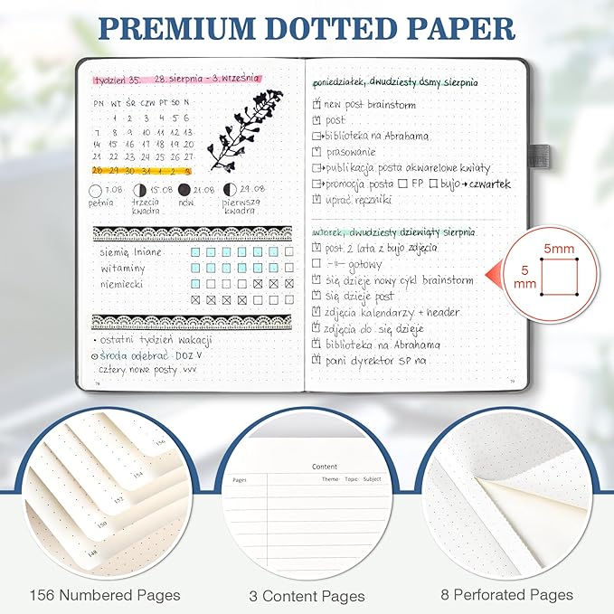Bullet Dotted Journal Notebook 3 Pack, A5 Dotted Journal with 120gsm Paper, Leather Dotted Notebook, Hardcover Dot Grid Notebook Each with 156 Nmubered Pages, Dot Journal for Women, 5.75" × 8.38"