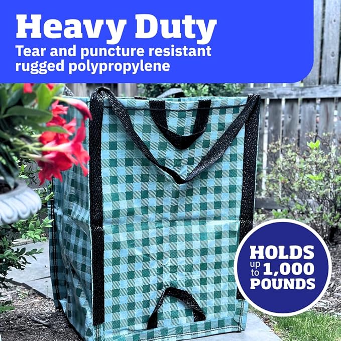 DURASACK Heavy Duty Home and Yard Bags 48-Gallon Reusable Self-Standing Lawn and Leaf Bags Garbage Can with Reinforced Handles, Gingham Green, 3 Pack