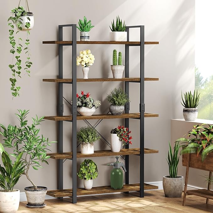 FRAPOW 5 Tier Bookshelf, 70 inch Tall Solid Bookcase Industrial Wooden Bookshelves Large Wall Etagere Rustic Vintage Book Shelf with Metal Frame Open Storage Rack for Living Room Home Office