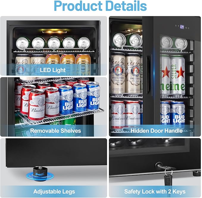 Beverage Refrigerator Cooler, 17 Inch 120 Cans Freestanding Mini Fridge with Glass Door, Adjustable Shelves and LED Light, Small Drink Fridge Counter-top Beer Fridge for Bedroom Office Bar