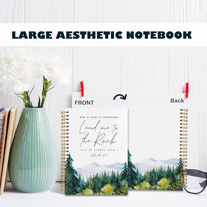 BearCake Christian Notebook Journal, Prayer Journal for Women, Lead Me To the Rock That is Higher Than I Bible Notebooks for Note Taking, Watercolor Woodland Hardcover Spiral Notebook 5.5x8.3