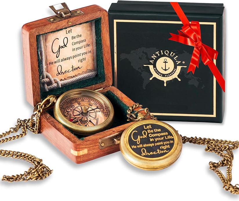 Brass Compass with Wooden Box - Graduation Gifts, Pirate Accessories & Baptism Gift For Boys, Steampunk Travel Decor Compasses For Missionary, Inspirational and Sentimental Compass