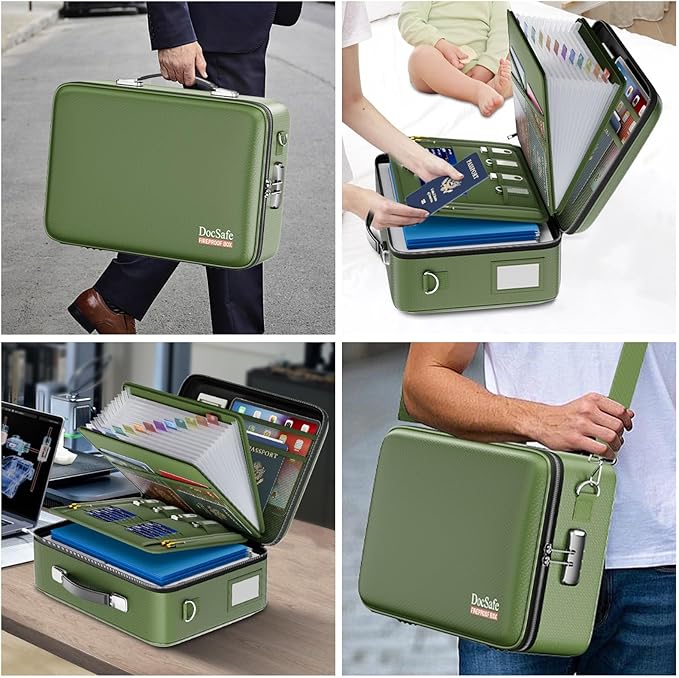 DocSafe Fireproof Document Box with Lock＆Shoulder Strap,Hard Case File Organizer with Accordion File Folder,Multi-Layer Portable Home Office Travel Safe Storage for Important Documents Laptop Green