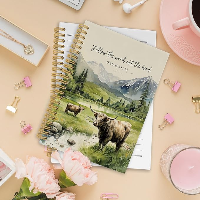 Christian Highland Cow Spiral Notebook, Farmhouse Cow Bible Journaling Notebooks, Rustic Country Mountain Farmhouse Hardcover Journals for Women 160 Pages 5.5x8.3 Inch, Christian Gifts for Women