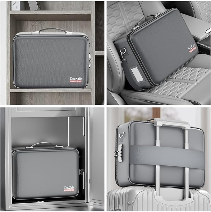 DocSafe Fireproof Document Box with Lock, Hard Case File Organizer with Accordion File Folder, Fireproof Water Resistant Safe Box Home Office Travel Storage for Important Documents Laptop Gray