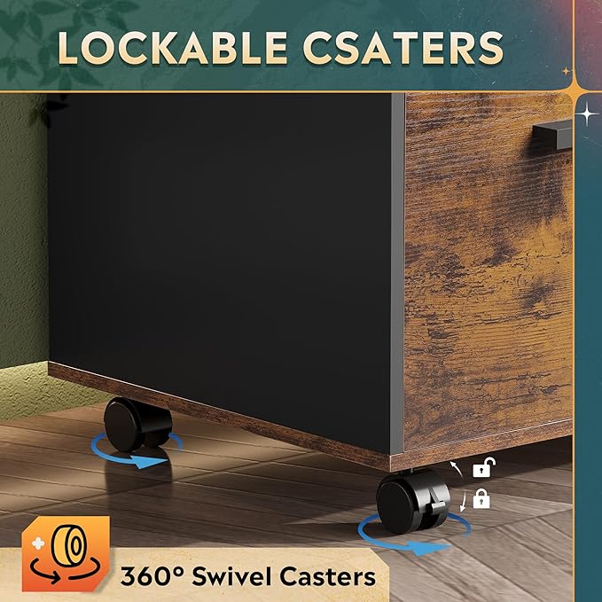 DEVAISE 3-Drawer Wood File Cabinet with Lock, Mobile Lateral Filing Cabinet, Printer Stand with Open Storage Shelves for Home Office, Rustic Brown