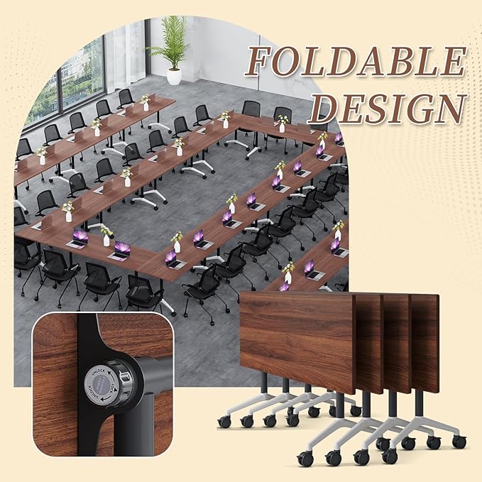Folding Conference Room Table, Modern Conference Tables with Wheels, Large Rectangular Mobile Training Tables for Office Classroom, Foldable Modular Boardroom Seminar Table (2pack L47.2in)