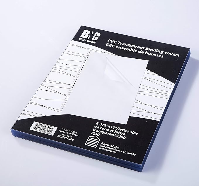 BNC 7 Mil 8-1/2 x 11 Inches, Letter Size PVC Binding Covers - Pack of 100, Clear