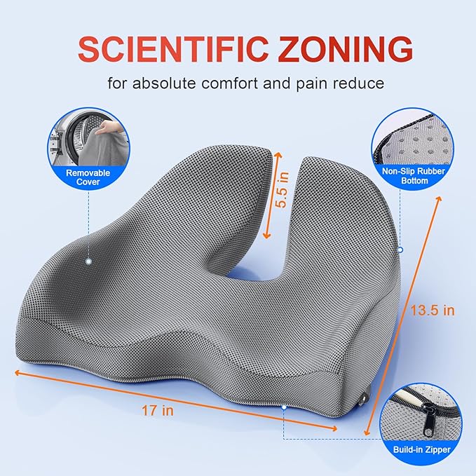 Benazcap X Large Memory Seat Cushion for Office Chair Ergonomic Cushions Pad Pillow for Pressure Relief Sciatica & Pain Relief Memory Foam for Long Sitting for Gaming Chair and Car Seat Gray