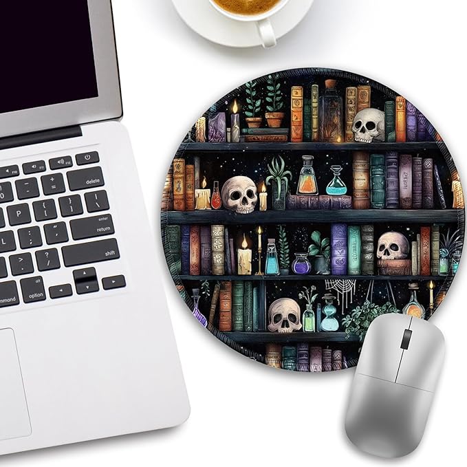 Bookshelf and Skull Mouse Pad, Skeleton Goth Gothic Small Round Mousepads for Desk, Mini Travel Mouse Mat for Wireless Computer Laptop, Work Office Desk Accessories, 8.6 x 8.6 inch