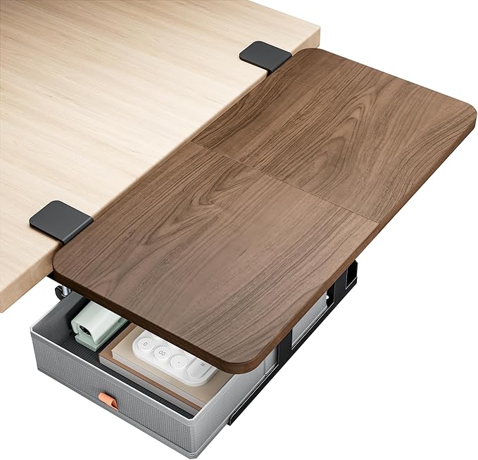 Desk Extender Tray, 24" x 12" Clamp On Desk Shelf, Desk Extension with Storage Drawer, Table Desk Arm Rest, Clamp On Keyboard Tray for Office and Home, Workstation Organizer, Medium, Walnut