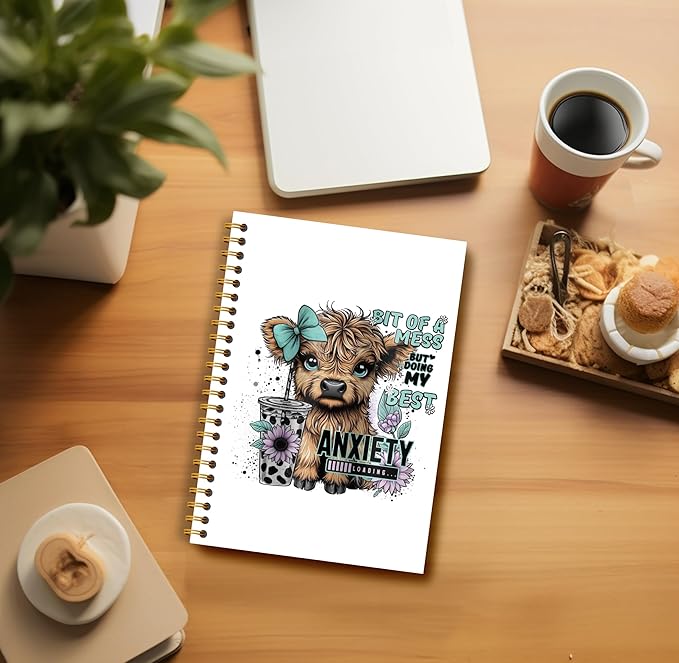 Bit of a Mess Anxiety Funny Highland Cow Notebook - Western Cow Notebook, Highland Cow Office Supplies, Highland Cow Gifts, Cow Lover Gifts, Cute Cow Stuff, Cow Spiral Notebook 5.5x8.3