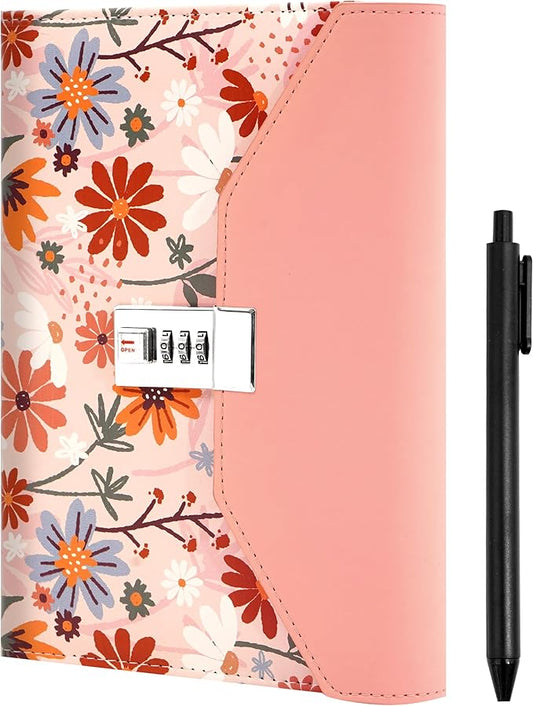 CAGIE Floral Diary with Lock for Women, Teen Girls Journal with Lock, Hardcover Refillable Women Journal with Pen, 6.3 x 8.5 Inch