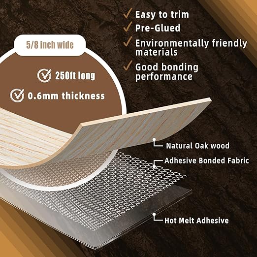 GSCIT Club Oak Edge Banding, 5/8 inch x 250ft roll of Veneer Plywood Edge Banding Preglued Flexible, Wood Tape Banding for Cabinet Repair