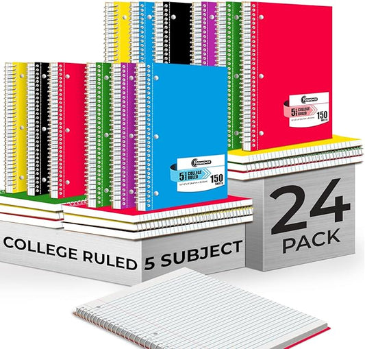 Bulk Spiral Notebook 24 Pack, 5 Subject, 300 Pages/Book (150 Sheets), 8 x 10-1/2, College Ruled, School & Office Spiral Notebooks, Back to School Notebook Journal, Soft Cover, Assorted Colors