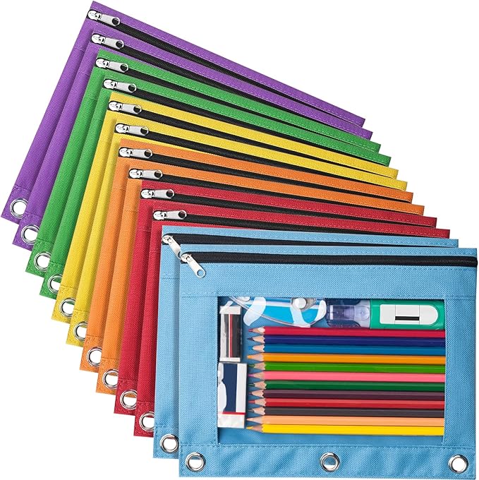 Forvencer 12 Pack Pencil Pouches for 3 Ring Binder, Smooth Zipper 3 Ring Binder Pencil Pouch, Multi-Color Pencil Case for Binder, Clear Top Binder Pencil Pouch, Pencil Bag with 3 Re-enforced Grommets
