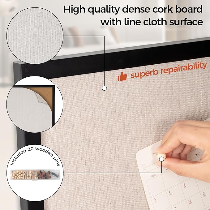 Fun Memories Cork Board Bulletin Board for Office, 24" x 36" Pine Wooden Framed Corkboard, Wall Mounted Notice Pin Board for School Home & Office, Black