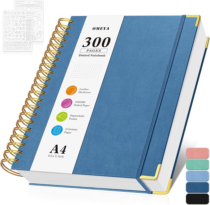 Bullet Dotted Journal Spiral Notebook, 300 Pages Leather Notebooks with Contens, 120 GSM Thick No Bleed Through Paper Journals, A4 Dot Grid Notebook for Women Men Work Writing, 8.5" x 11", Dark Blue