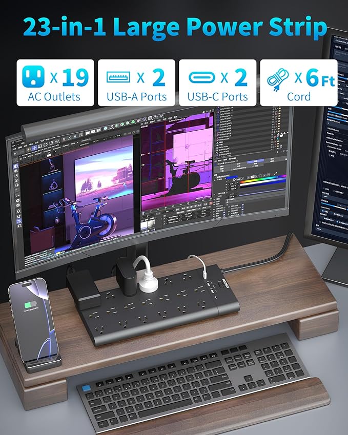 Flat Plug Power Strip, Surge Protector with 19 Outlets and 4 USB Ports, HOPOW 6 Ft Heavy Duty Extension Cord, 1875W, 2100J Surge Protection, Wall Mount for Home, Office, Gaming Room, Dorm, Black