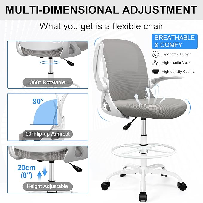 Drafting Chair Tall Office Chair with Flip-up Armrests, Adjustable Height, and Enhanced Lumbar Support - Ergonomic Rolling Stool, Back Support, and Adjustable Foot Rest Ring for Standing Desk Gray