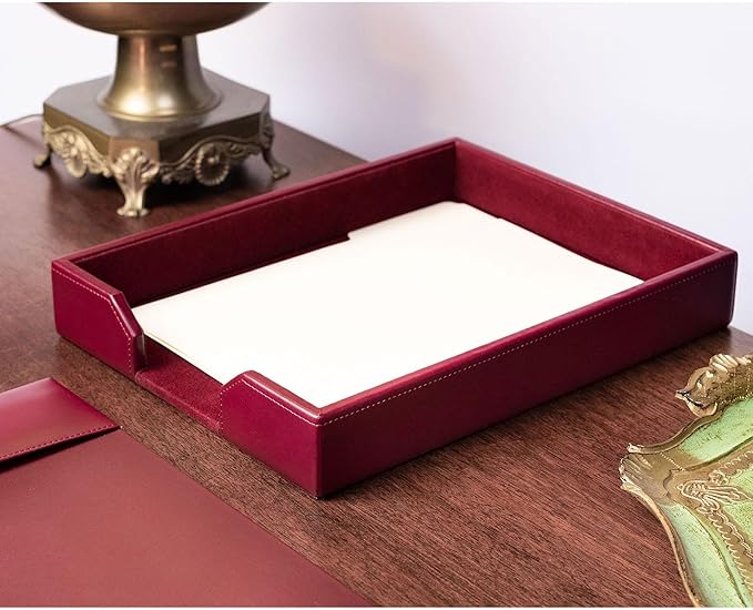 Dacasso Burgundy Bonded Leather Luxury Letter Tray Holder & Paper Organizer for Desk - Executive Desk Decor & Office Organization Essential
