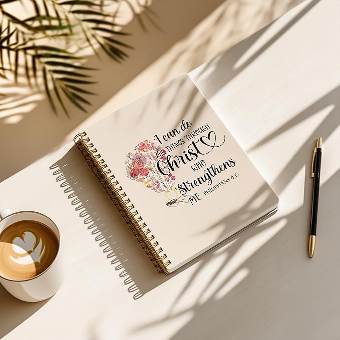 Bible Notebook, A5 Spiral Christian Journal Pink Floral Notebook, Bible Verse-I Can Do All Things Through Christ Who Strengthens Me, Inspirational Notebooks for Women, Gift for Birthday Christmas