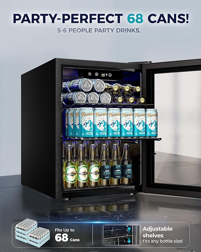 EUHOMY Beverage Refrigerator Cooler - 68 Can Mini Fridge with Glass Door for Soda, Beer, Wine, Small Refrigerator with Digital Temperature Control and Adjustable Shelves for Home Office Bar, 1.7 Cu.ft