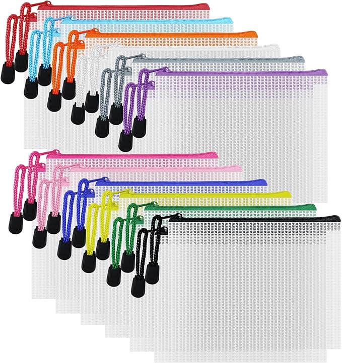 D-KINGCHY 24Pcs Zipper Storage Bags, Plastic Mesh Zippered Pouch for Organization, Waterproof Versatile Bags for Office Supplies School Travel