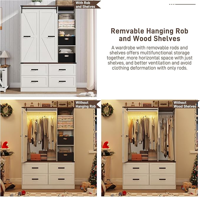 Farmhouse 3 Doors Armoire Wardrobe Closet w/Folding Sliding Barn Door and Lights, LED Armoire Closet w/Drawers for Bedroom, Freestanding Wooden Wardrobe Storage Closets w/Hanging Rod,Antique White