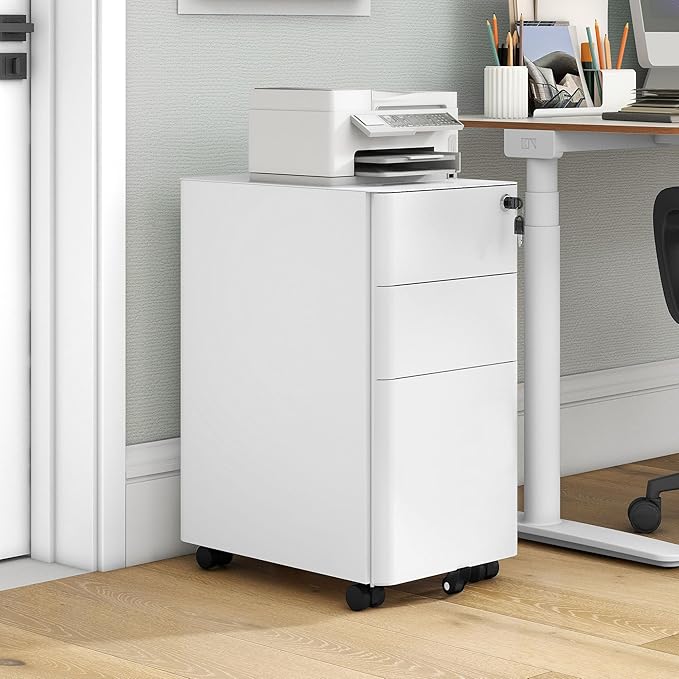 DWVO 3-Drawer Vertical File Cabinet, Mobile Filing Cabinet with Lockable, Pre-Assembled Compact Slim File Cabinet, Portable Office Storage for A4/Letter/Legal Documents (White)
