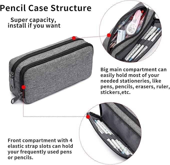 Big Capacity Pencil Pen Case Nylon Large Pencil Pouch Simple Stationery Bag Office Organizer Pen Bag for Men Women - Grey