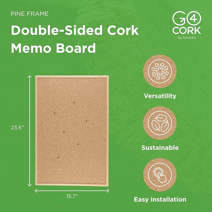 Go4Cork Framed Cork Bulletin Board - 23.6”x 15.7” | Premium Double-Sided Pine Frame Eco Cork Memoboard | Office, Home & Classroom Organization Decor | Pushpins & Set Up Accessories Included