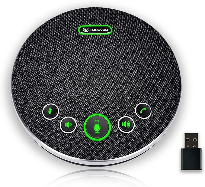 Bluetooth Speakerphone Conference Microphones, Wireless Conference Speaker 360°Voice Pick up with 4 AI Noise Cancellation Mics USB/Dongle/Bluetooth Connection 8 Hour Call Time for 8-12 People