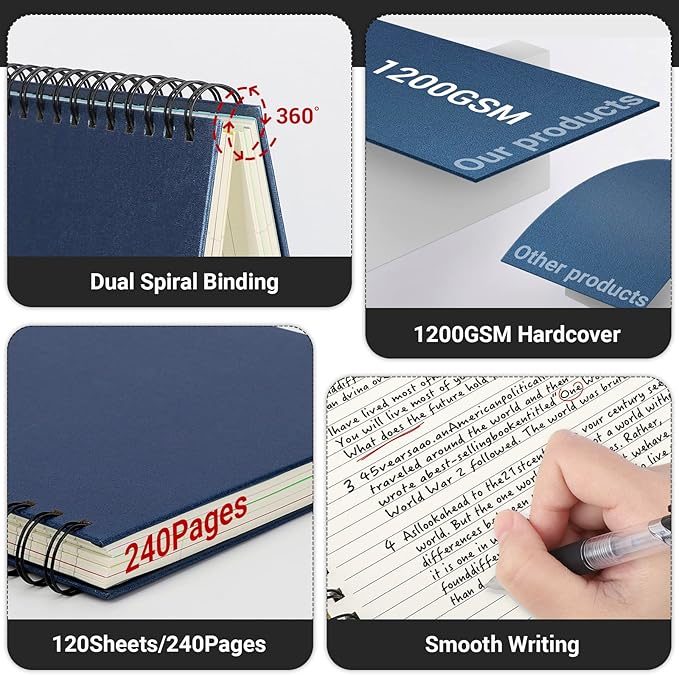 EUSOAR 5 Subject Notebook with Tabs, 1pcs B5 7.3"x10.2" Spiral College Ruled, 100GSM 120Sheets/ 240Pages of Lined Paper, Thick Hardcover, for Journal Students, Office and Business, Royal Blue