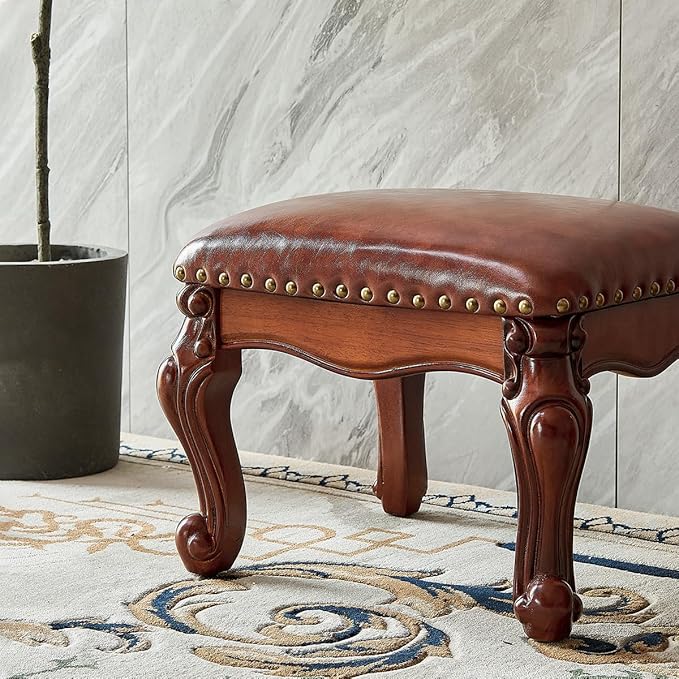 Foot Stool Ottoman Foot Rest Microfiber Leather Upholstered Footstool for Sofa, Living Room, Entryway, Solid Wood Stool (Flat Brown)