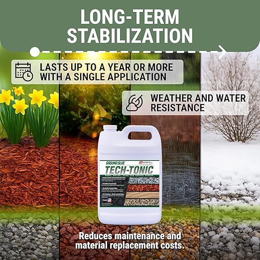 Ground Glue Tech-Tonic Landscape Adhesive for Rock, Mulch, and Sand, Weatherproof Long-Lasting Stabilizer for Trails & Slopes, Pet-Safe Binder for Pea Gravel, Bark & Flower Beds, Made in USA, 1 Gallon