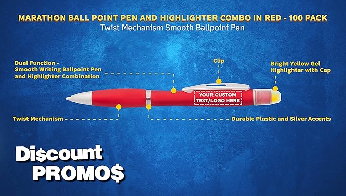 DISCOUNT PROMOS 100 Marathon Gel Highlighter Pens Pack - Customizable Text, Logo - Twist Mechanism, Ballpoint - Red
