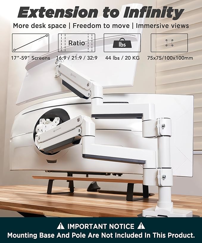 Heavy Duty Extension Arm [Accessory Only - Requires MA20PW-S Single Monitor Arm for Use] Dual 49" Vertical Stacked Monitor Mount Height Adjustable - 100x100 VESA Mount, White, MA20PW-A