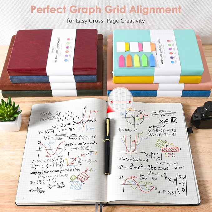 Graph Paper Notebook, 312 Numbered Pages B5 Hardcover Leather Journal, 100gsm No Bleed Grid Paper Notebook with Index Pages, Grid Notebook for Graphing Notes Math, 7.6'' X 10'', Pink