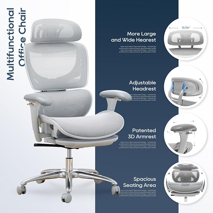 COLAMY Ergonomic Mesh Office Chair, Ergonomic Desk Chair with Footrest, Executive High Back Computer Desk Chair with Lumbar Support, Headrest and Adjustable 3D Arms, Tilt Lock and Lumbar Support-Grey