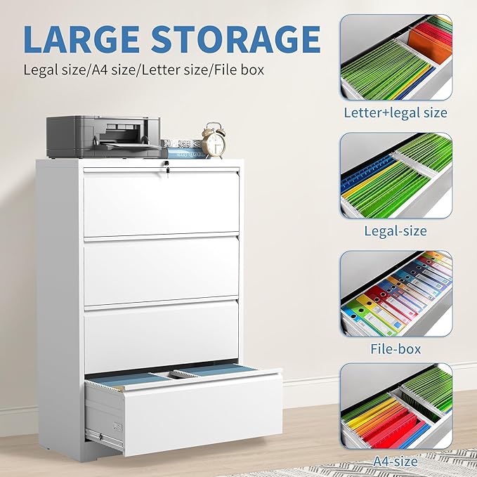 File Cabinets 4 Drawer,Metal Office Storage Filing Cabinet with Lock,White Lateral Filing Cabinet for Home Office,Horizontal Locking File Cabinets for Legal/Letter/A4,Assembly Require,White