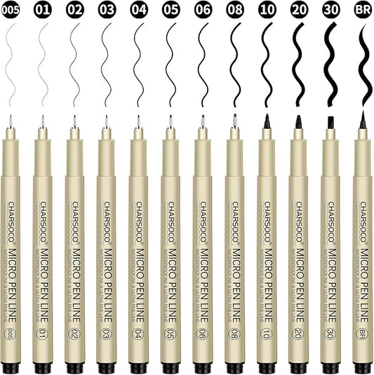 Black Micro Pens, 12 Sizes in 0.23mm - 5mm, Waterproof Archival Ink, Fine Point Pen for Artist Illustration, Sketching, Anime, Manga and Technical Drawing