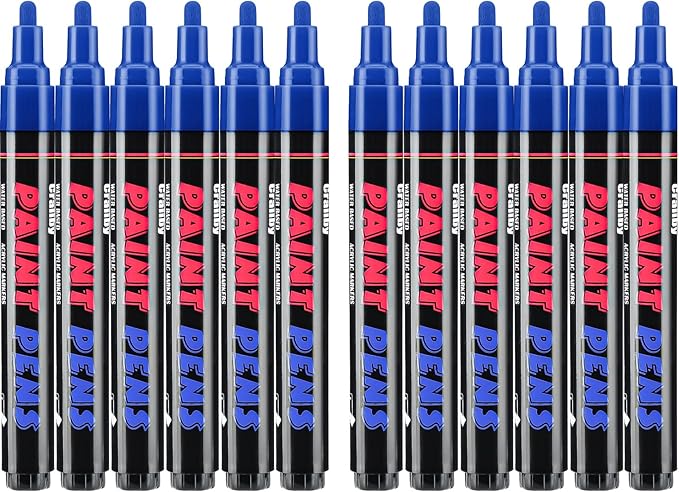 Blue Paint Pens Paint Markers - 12 Pack Permanent Quick Dry Waterproof Marker Pens for Rocks Wood Fabric Plastic Canvas Glass Mugs Metal Tire Stone