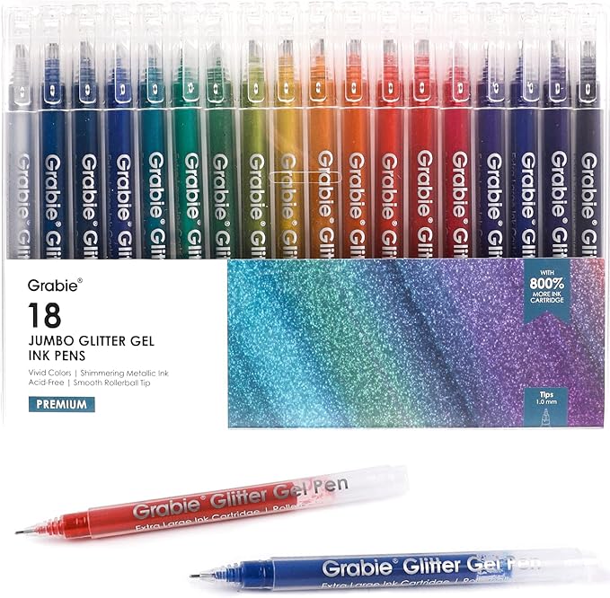 Grabie Jumbo Glitter Gel Ink Pen Set Of 18, Metallic Vibrant Sparkle Gel Pens for Coloring, Sparkle Markers, Glitter Pens for Adults (18 Colors Jumbo Gel Pens)