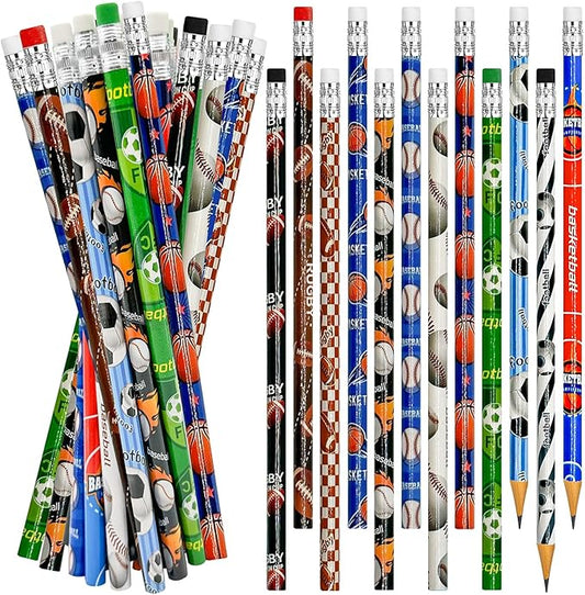 Cinrobiye 96 Pcs Sports Pencils Bulk, Basketball Football Baseball Scoeer Wood Pencils with Erasers Sports for School Prizes Classroom Exchange Gifts Party Favors Supplies, Stationary Gifts