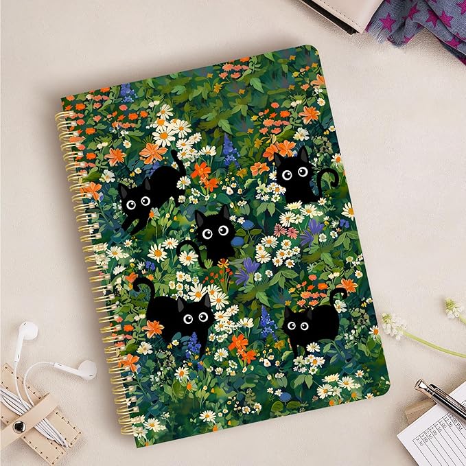 Cute Spiral Notebook journal A4 Aesthetic Pretty Design for Women Girls Kawaii with Pocket, 8.5 x 11 inch, Lined, Cat Garden