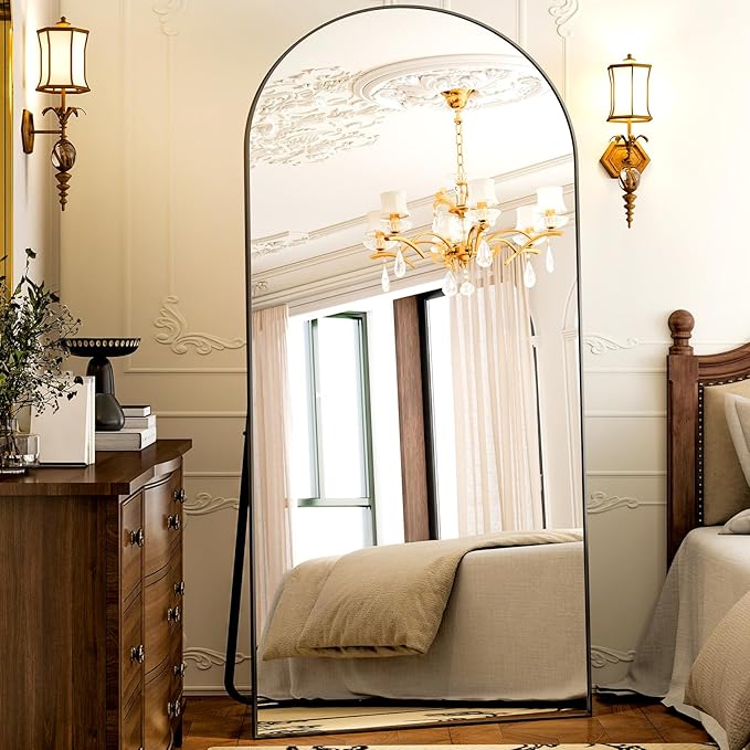 GLSLAND-38x77 inch Arched Full Length Mirror - Floor Mirrors Aluminum Alloy Frame Full Body Dressing Mirror for Bedroom Living Room,Black
