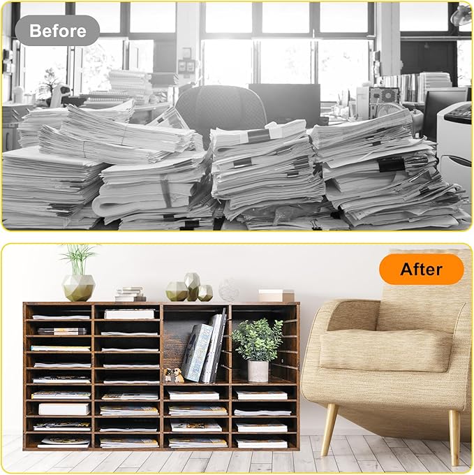 EasyPAG Mail Organizer Countertop, Wood Literature Organizer with Adjustable Shelves, Student Classroom Mailbox for School, Desktop Paper Sorter for Office Home, 36 Compartments, Archaize