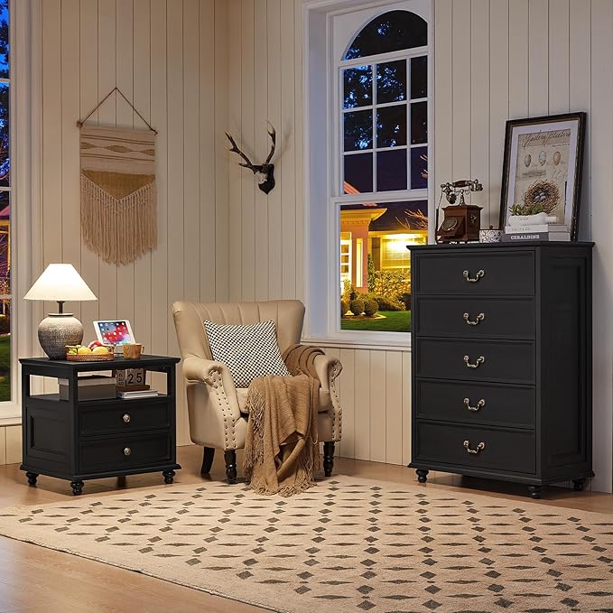 Farmhouse 5 Drawer Dresser for Bedroom, 45" Tall Rustic Chests of Drawers w/ 4 Solid Wood Feet, Mid Century Modern Wooden Closet Storage Dressers Organizer for Living Room, Hallway, Black