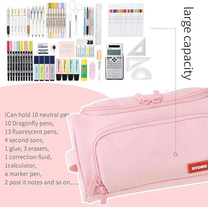 HVOMO Big Capacity Pencil Case High Large Storage Pouch Marker Pen Case Travel Simple Stationery Bag School College Office Organizer for Teens Girls Adults Student（Pink）